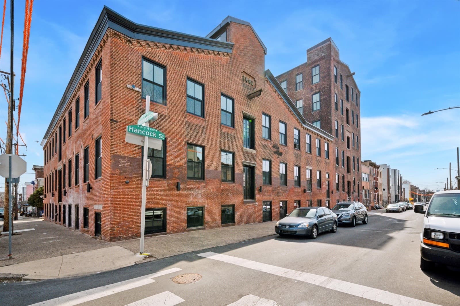 Hancock Lofts restored red brick building at corner of Hancock and Huntingdon Streets Olde Kensington Philadelphia