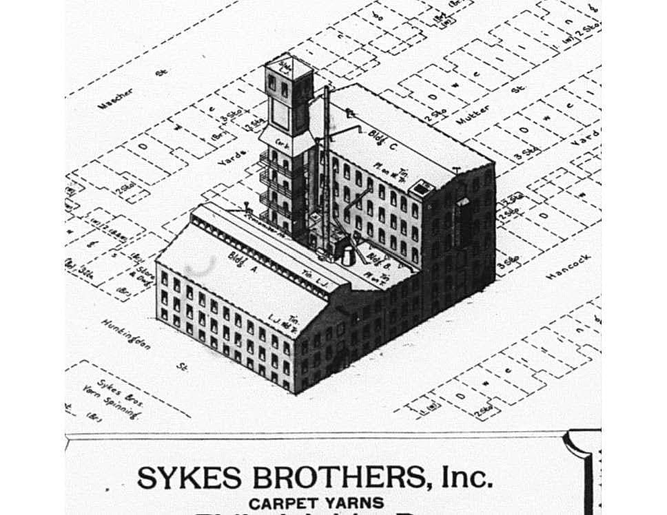 Historical isometric drawing of the Sykes Brothers Inc Carpet Yarns factory complex at Hancock and Huntingdon Streets Philadelphia