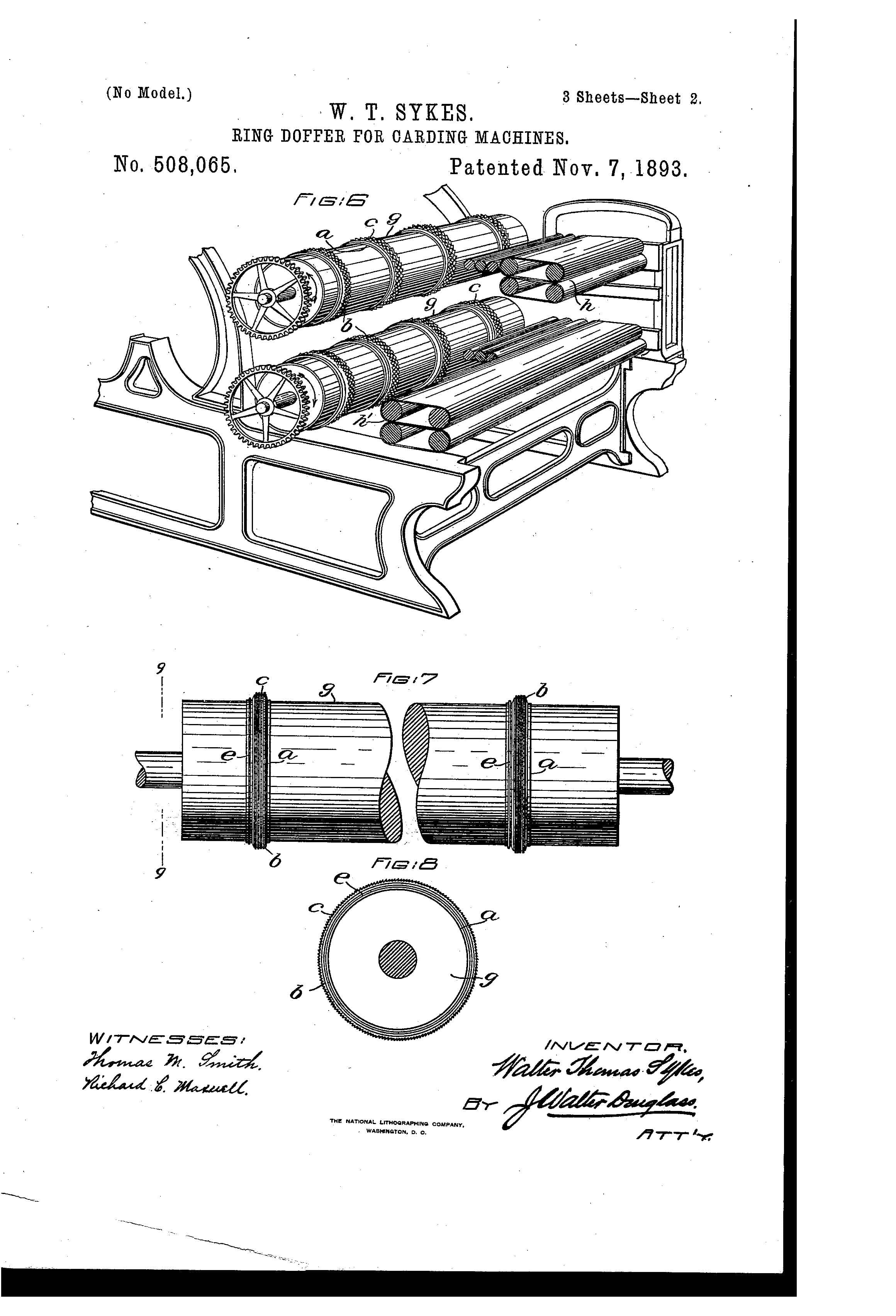 1893 patent drawing by Walter Thomas Sykes for Ring Doffer for Carding Machines textile machinery