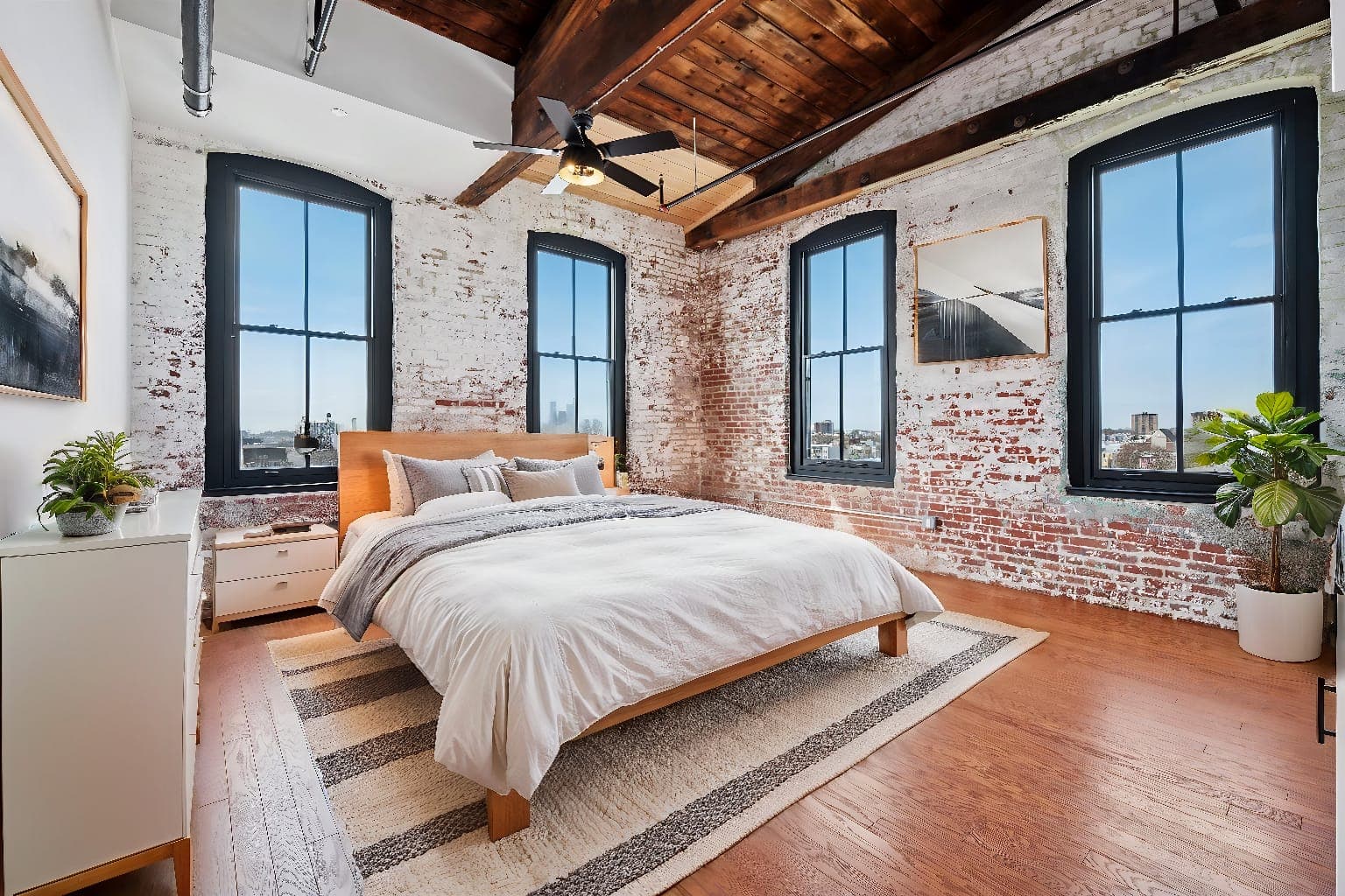 Hancock Lofts bedroom with exposed brick walls arched factory windows and original timber beam ceiling