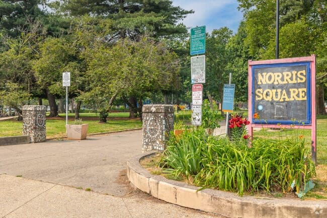 Norris Square Park entrance with gardens and mosaic art near Hancock Lofts Kensington Philadelphia